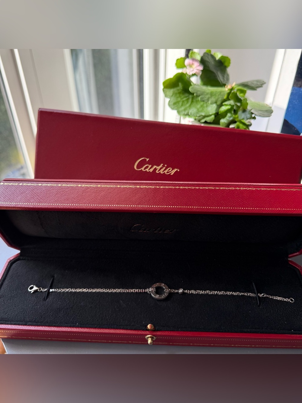 Authentic Cartier LOVE Bracelet on Chain in 18K white gold with 2 diamonds.